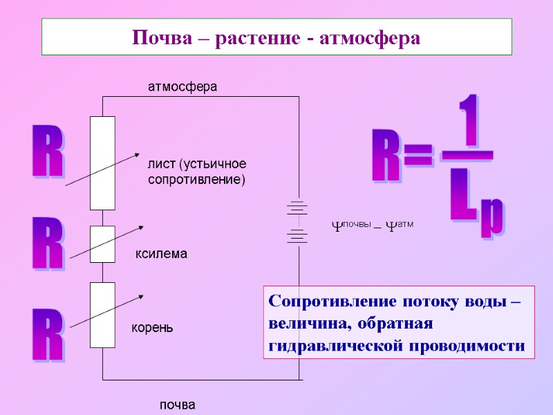 Почва – растение - атмосфера R R R R= 1 I L p Сопротивление